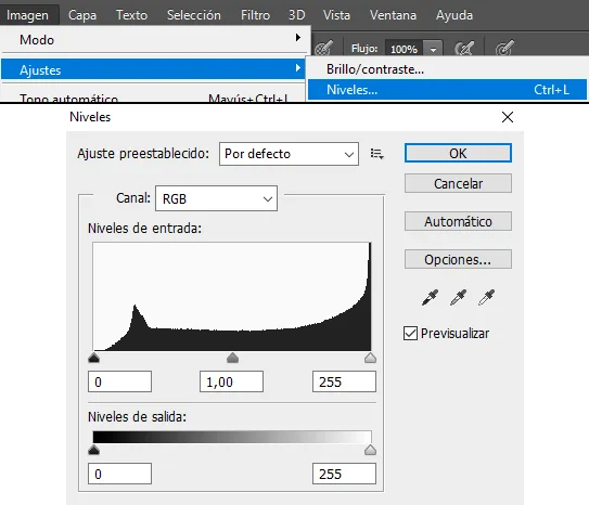 Ventana de Niveles en Photoshop